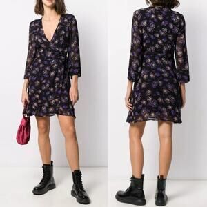 Ganni Floral Print Viscose-Georgette Mini Wrap Dress Sz 38